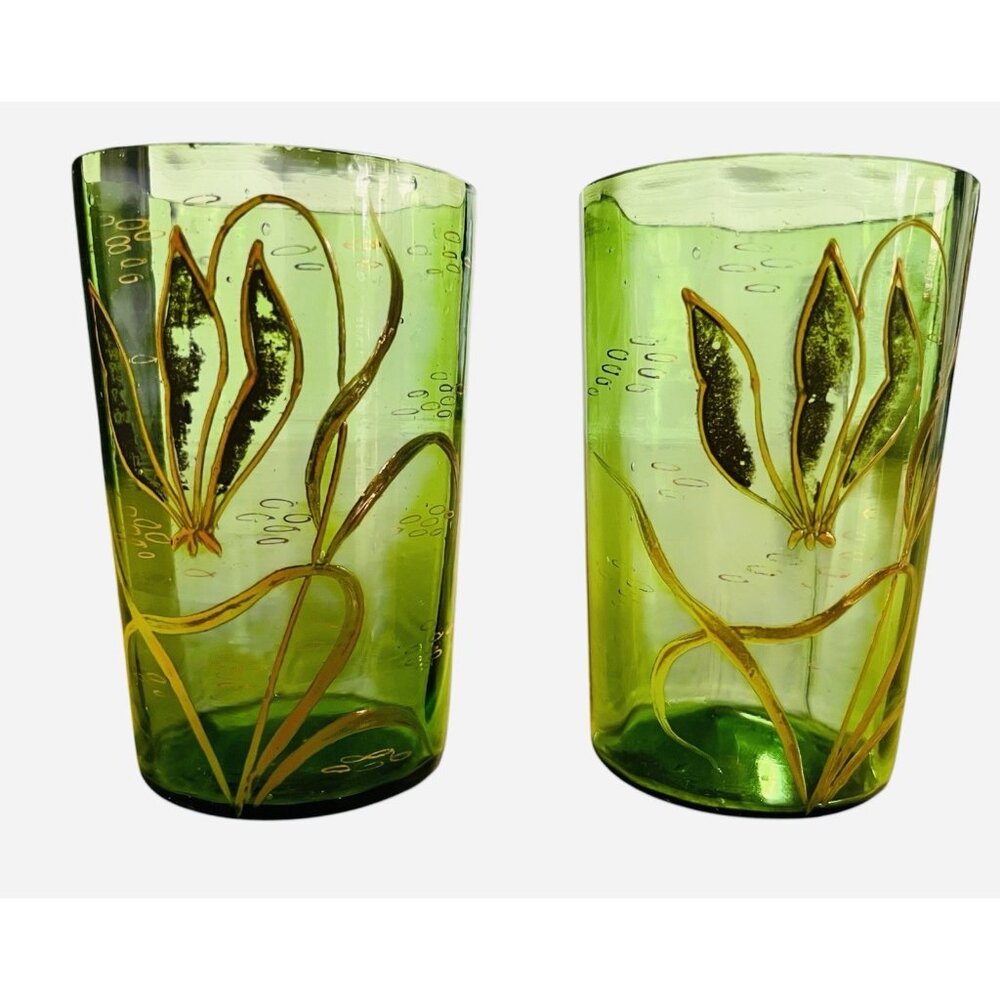Emerald Green, Vintage Handblown/Painted Glass Tumblers, 4 1/4” Tall Set Of 2